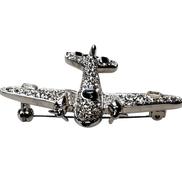 Clear Rhinestone Airplane Moving Propeller 2" Silver Tone Unsigned - Picture 1 of 5